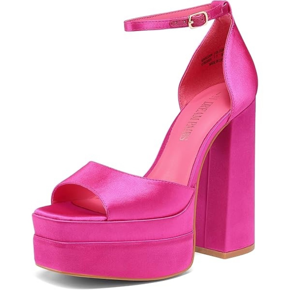 Dream Paris Chunky Block Platform Heels in Hot Pink Satin